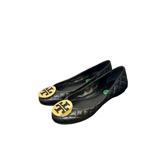 Tory Burch Black Quilted Ballet Flats Gold Logo Size 5.5 - Picture 1 of 9